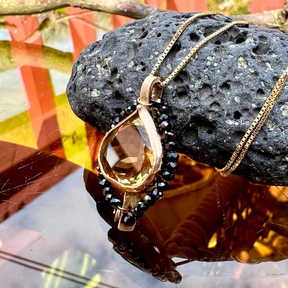Natural Black Spinel Citrine Pendant Solid 14k Yellow Gold - no Chain - Picture 8 of 10